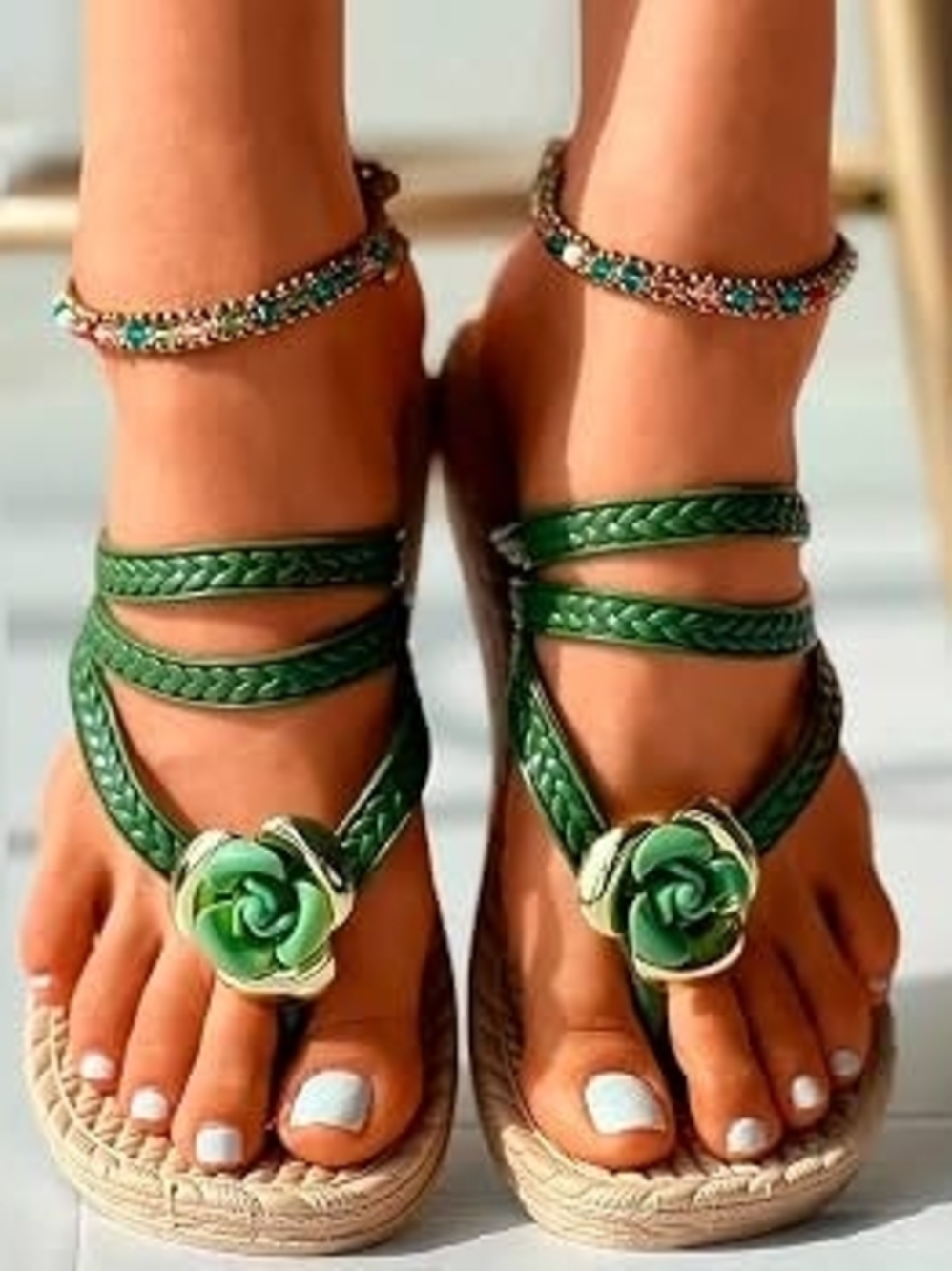 Braided Green Floral Toe-Ring Ankle-Strap Sandals